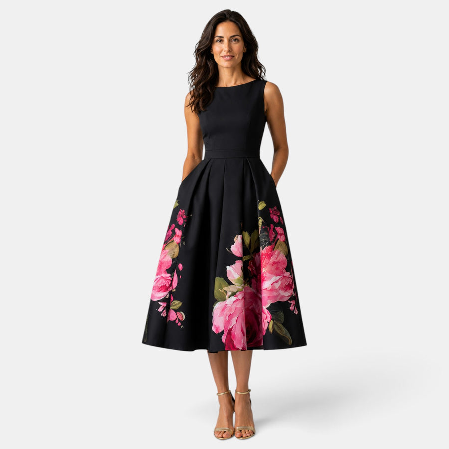 Vestido Invitada de Boda Negro Midi Floral Plisado