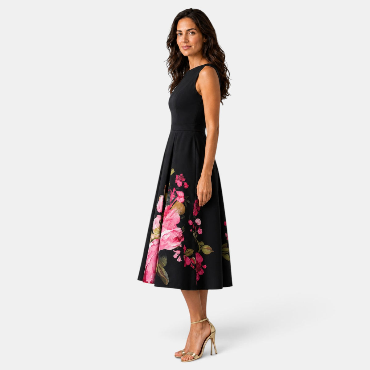 Vestido Invitada de Boda Negro Midi Floral Plisado
