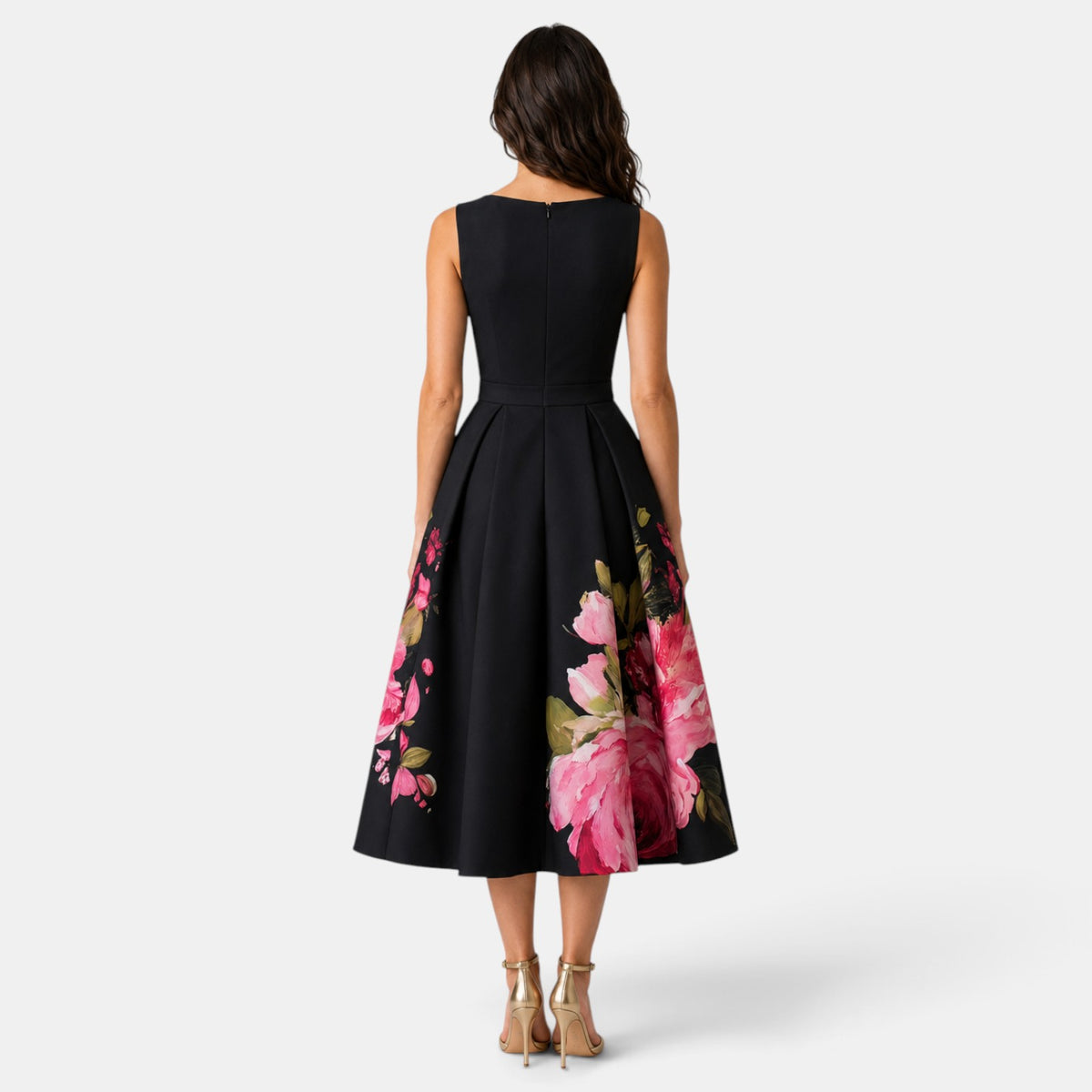 Vestido Invitada de Boda Negro Midi Floral Plisado