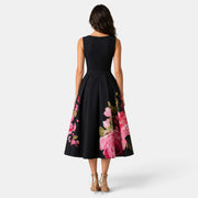 Vestido Invitada de Boda Negro Midi Floral Plisado