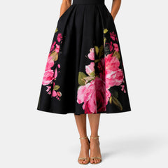 Vestido Invitada de Boda Negro Midi Floral Plisado