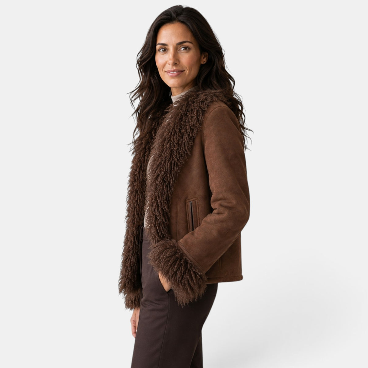 Chaqueta Marrón Efecto Pelo Mujer - Abrigo Elegante