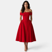 Vestido Midi con Escote Off-Shoulder y Falda Evasé para Mujer