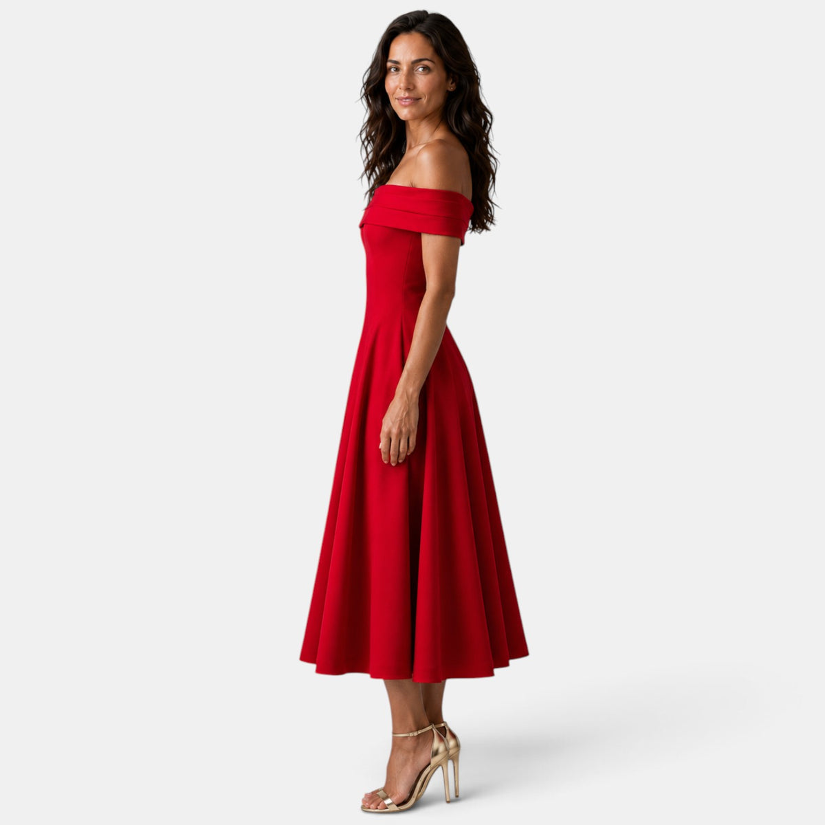 Women's Off-the-Shoulder A-Line Midi Dress - Flared Skirt