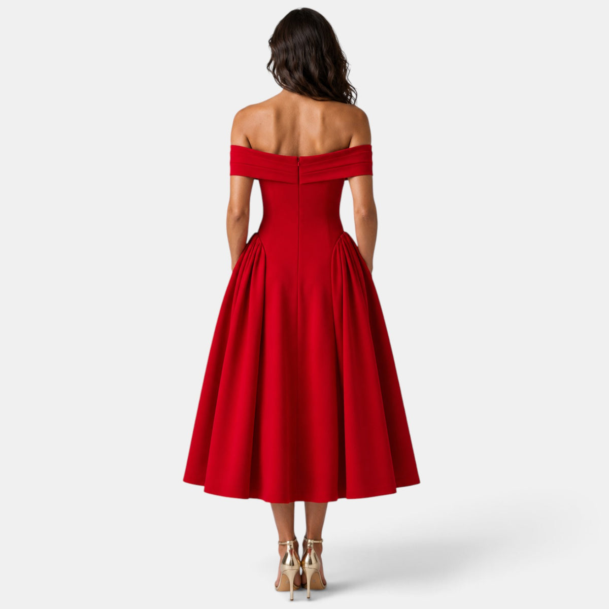 Vestido Midi con Escote Off-Shoulder y Falda Evasé para Mujer