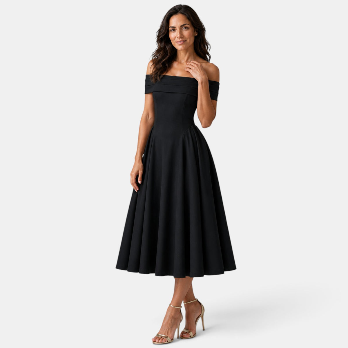 Vestido Midi con Escote Off-Shoulder y Falda Evasé para Mujer