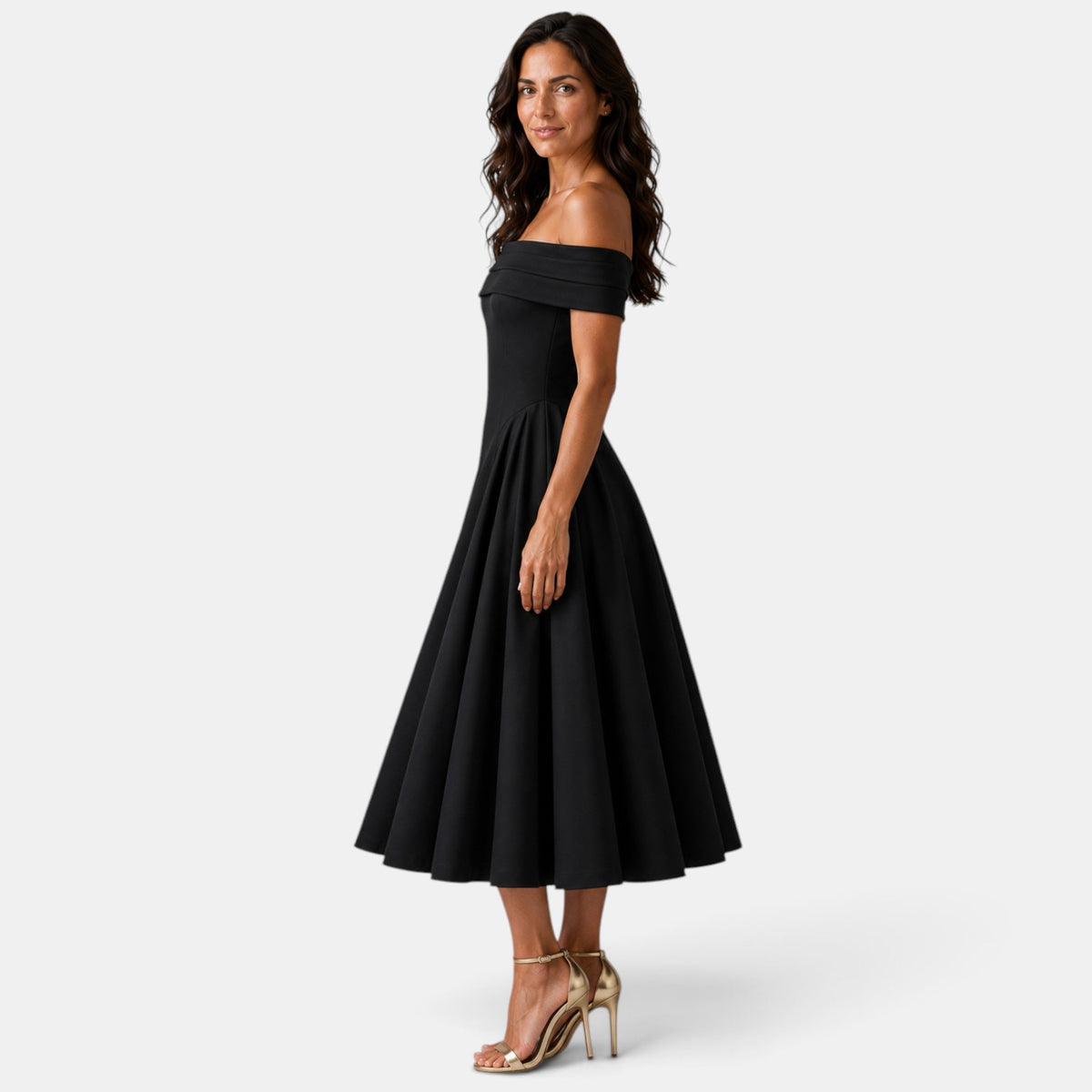 Women's Off-the-Shoulder A-Line Midi Dress - Flared Skirt