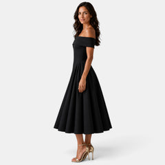 Women's Off-the-Shoulder A-Line Midi Dress - Flared Skirt