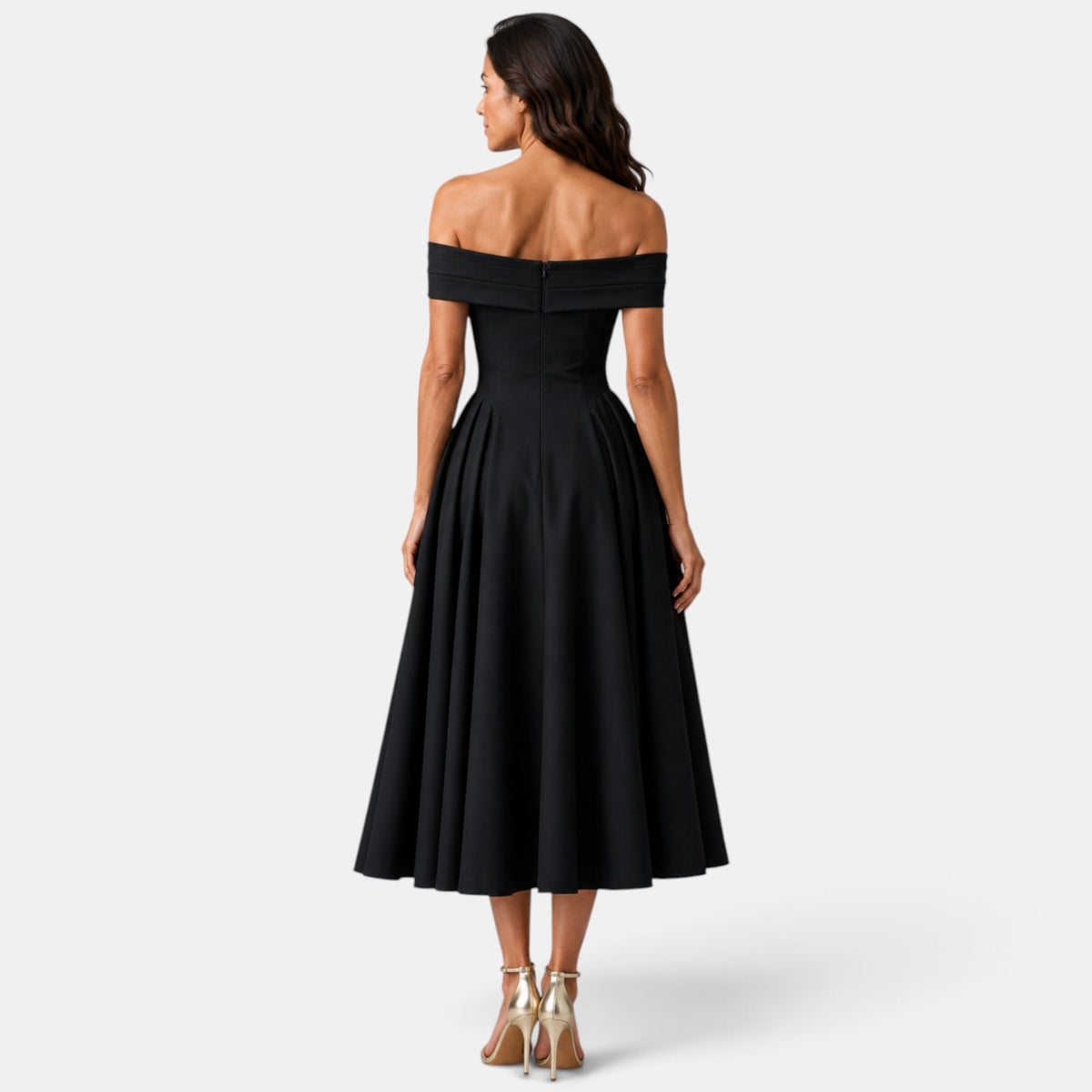 Vestido Midi con Escote Off-Shoulder y Falda Evasé para Mujer