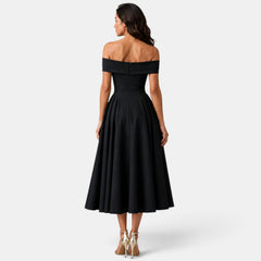 Women's Off-the-Shoulder A-Line Midi Dress - Flared Skirt