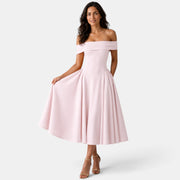 Vestido Midi con Escote Off-Shoulder y Falda Evasé para Mujer