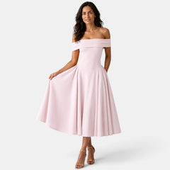 Women's Off-the-Shoulder A-Line Midi Dress - Flared Skirt