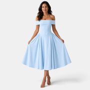 Vestido Midi con Escote Off-Shoulder y Falda Evasé para Mujer