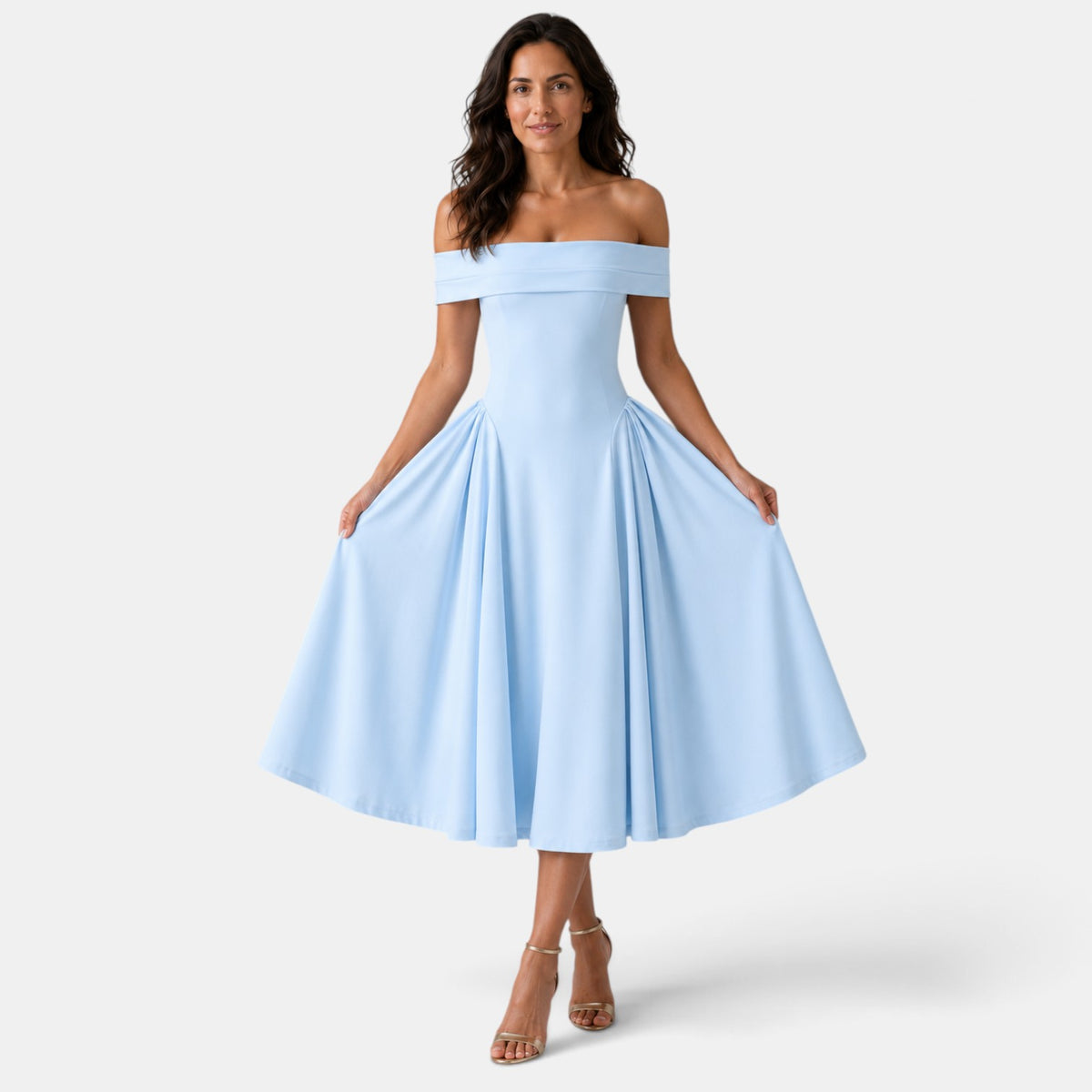 Vestido Midi con Escote Off-Shoulder y Falda Evasé para Mujer