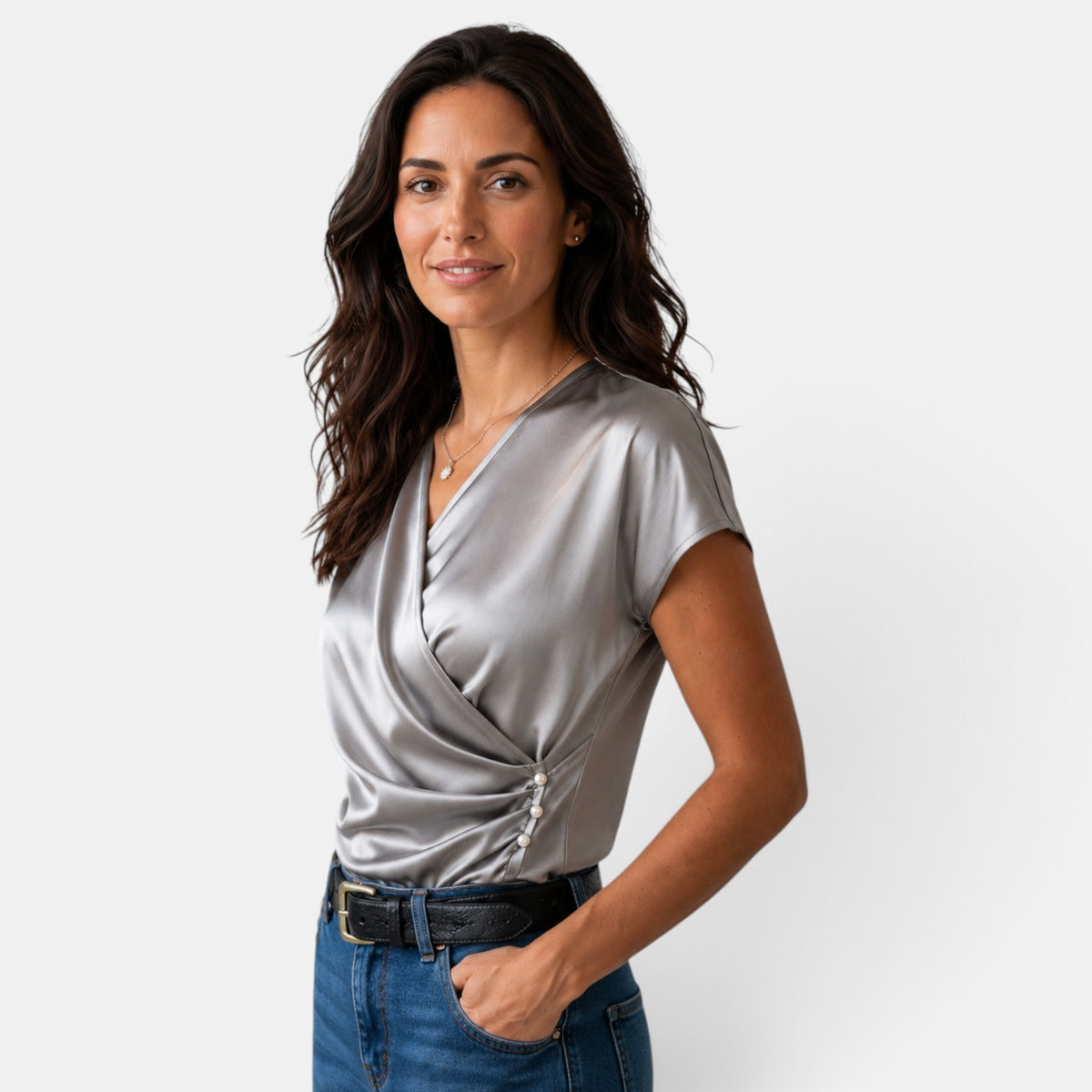 Blusa Satinada Mujer Escote Cruzado