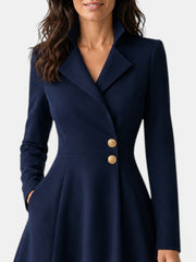Women's Elegant Tailored Collar Dress with Gold Buttons