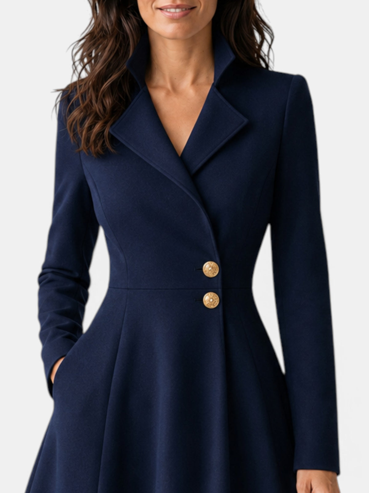 Women's Elegant Tailored Collar Dress with Gold Buttons