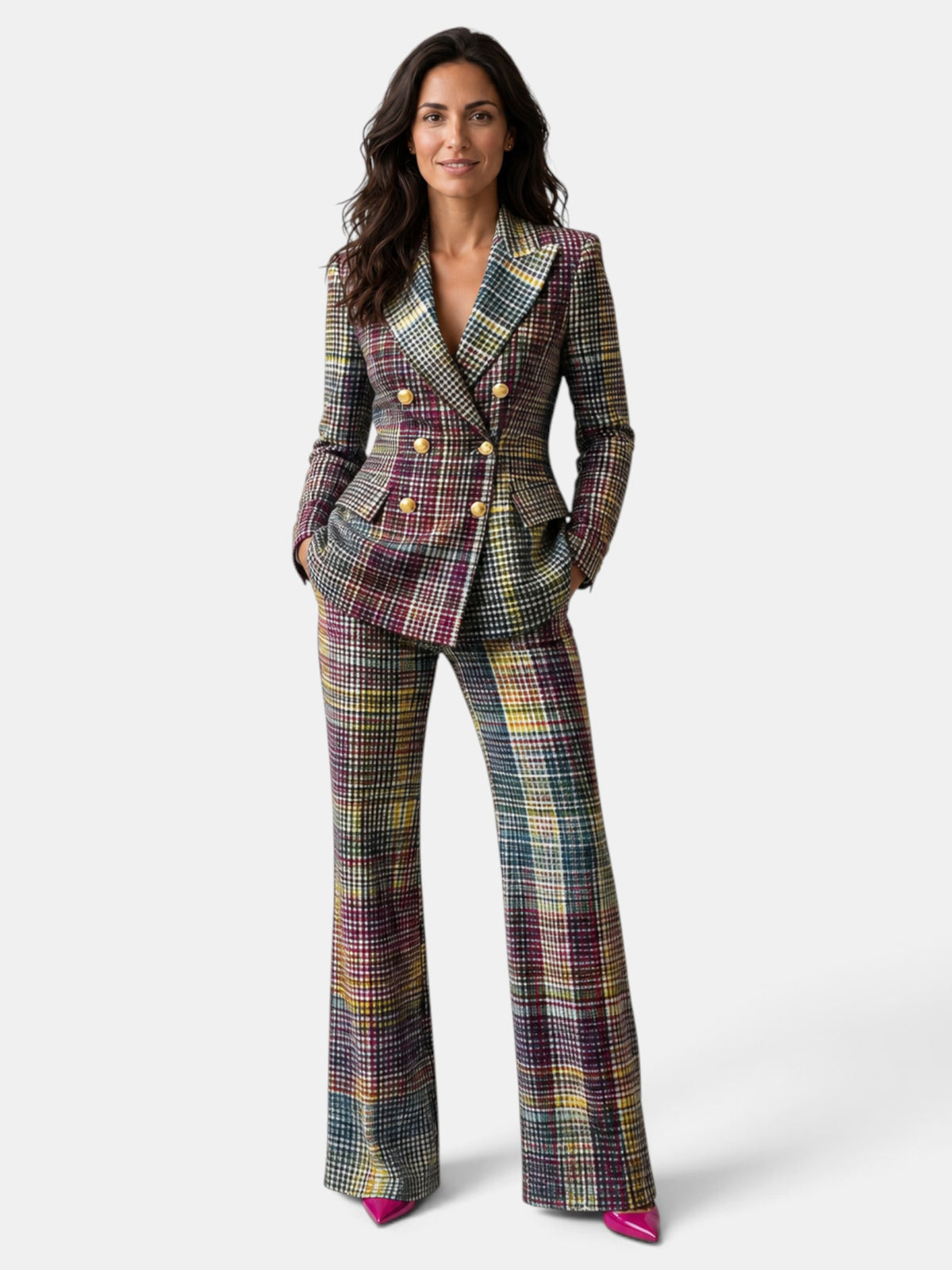 Traje Mujer Multicolor Cuadros Blazer y Pantalón