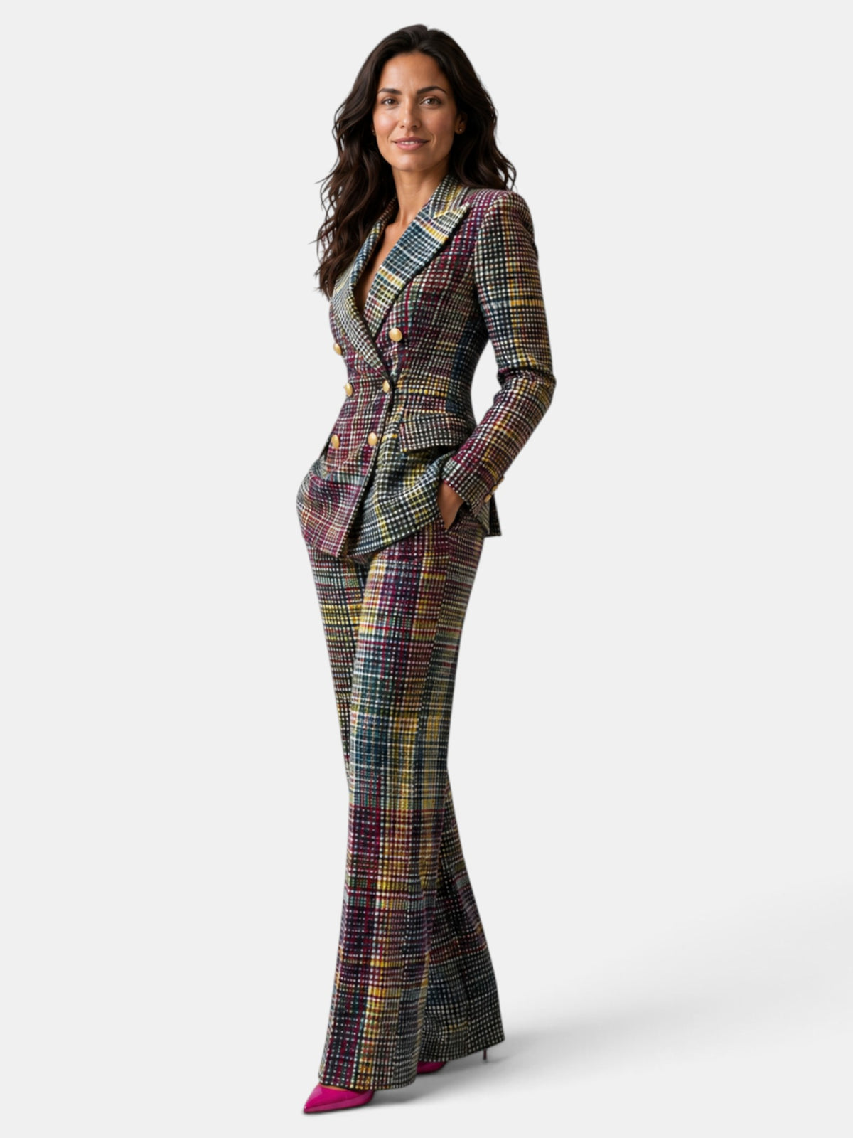 Traje Mujer Multicolor Cuadros Blazer y Pantalón