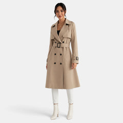 Women's Long Double-Breasted Trench Coat - Belted Waist, Classic Lapels