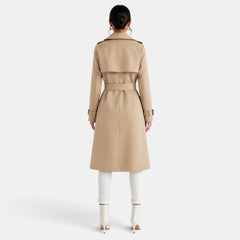 Women's Long Double-Breasted Trench Coat - Belted Waist, Classic Lapels