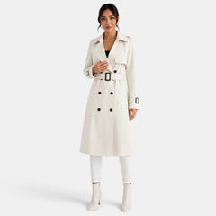 Women's Long Double-Breasted Trench Coat - Belted Waist, Classic Lapels