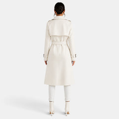 Women's Long Double-Breasted Trench Coat - Belted Waist, Classic Lapels