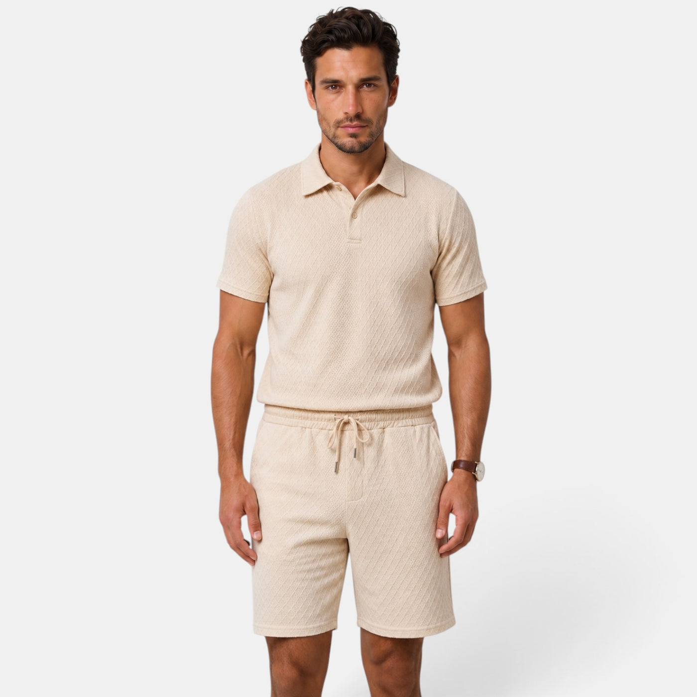 Men's Beige Summer 2 Piece Outfit Polo Zipper and Casual Shorts