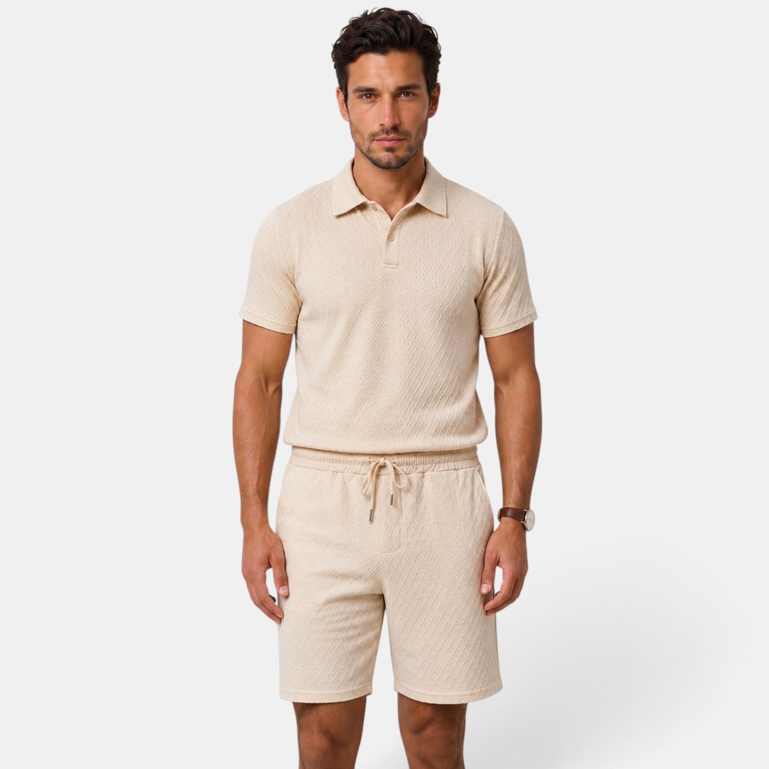 Men's Beige Summer 2 Piece Outfit Polo Zipper and Casual Shorts