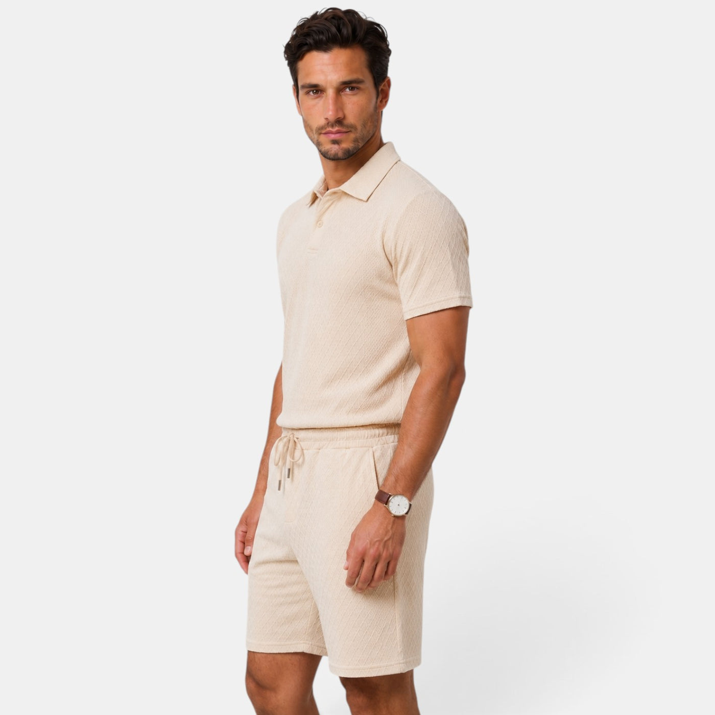 Men's Beige Summer 2 Piece Outfit Polo Zipper and Casual Shorts