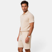 Men's Beige Summer 2 Piece Outfit Polo Zipper and Casual Shorts