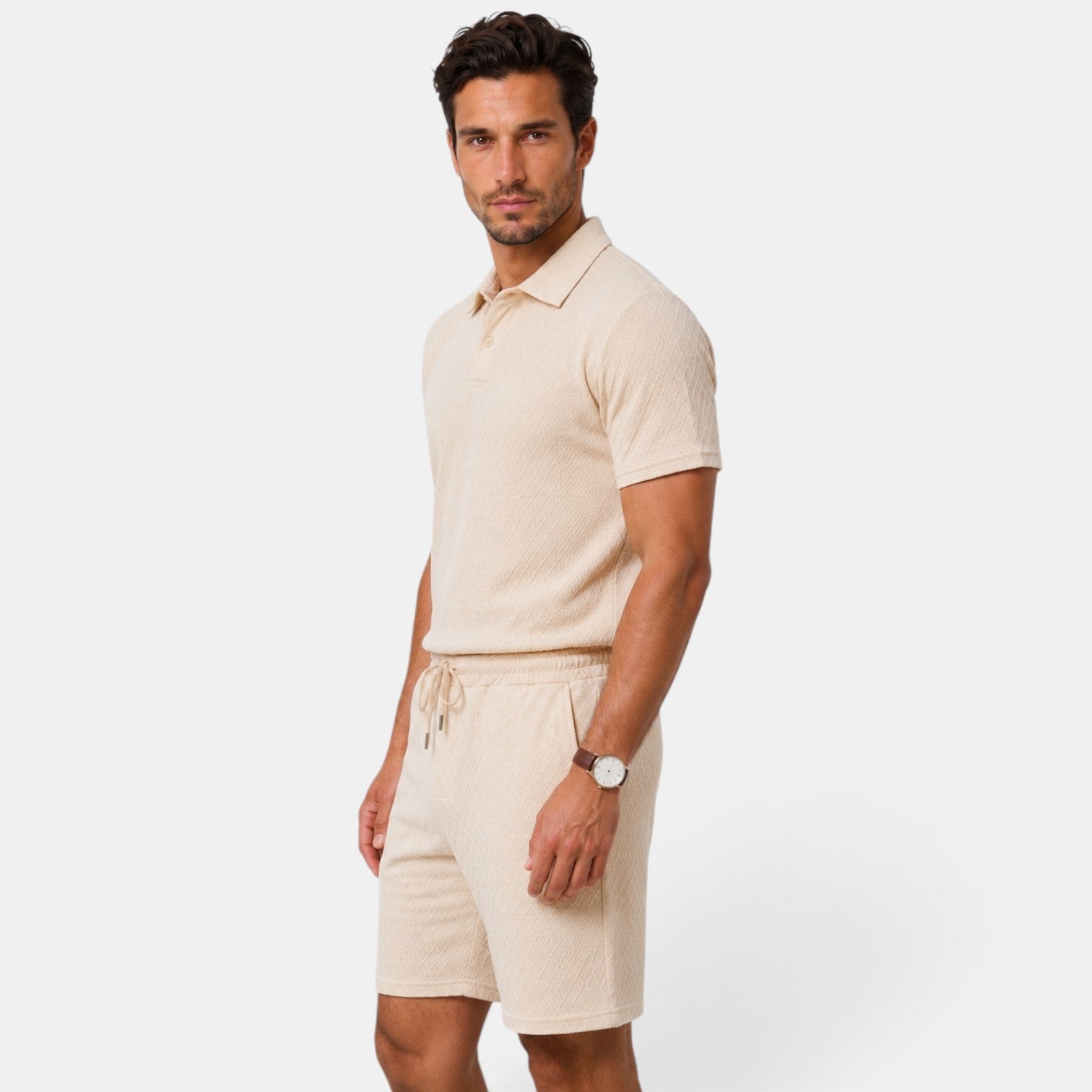 Men's Beige Summer 2 Piece Outfit Polo Zipper and Casual Shorts