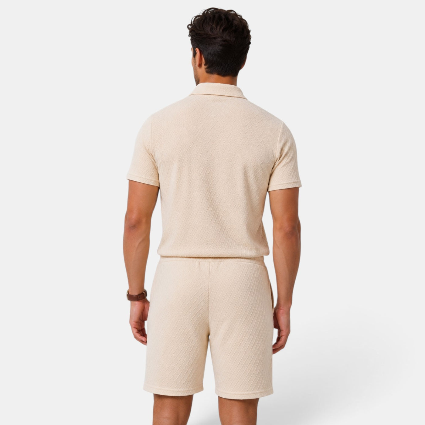 Men's Beige Summer 2 Piece Outfit Polo Zipper and Casual Shorts