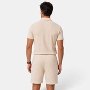 Men's Beige Summer 2 Piece Outfit Polo Zipper and Casual Shorts