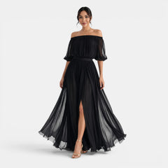 Women's Off-the-Shoulder Pleated Chiffon Maxi Dress