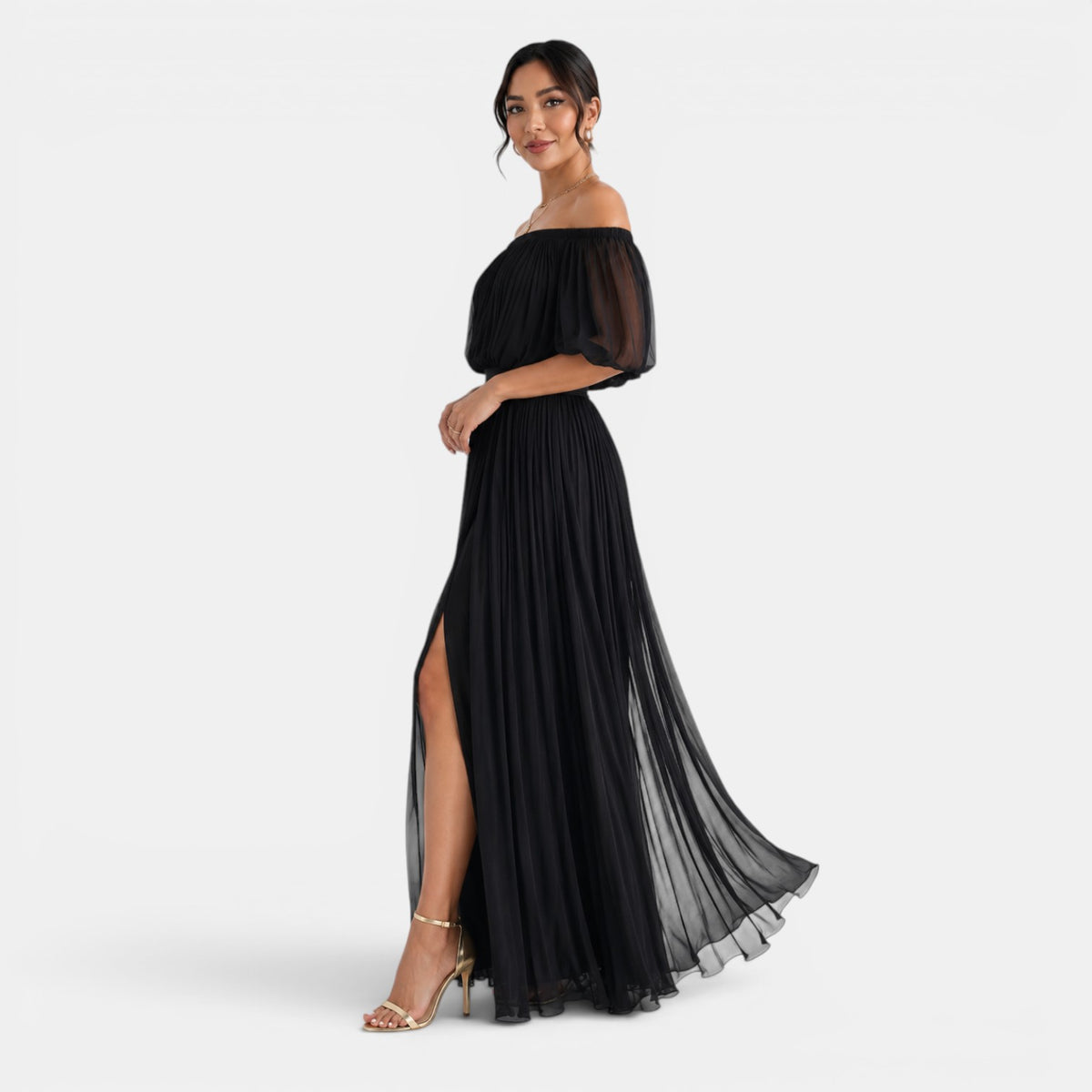 Women's Off-the-Shoulder Pleated Chiffon Maxi Dress