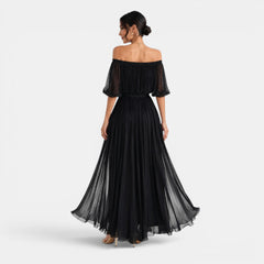 Women's Off-the-Shoulder Pleated Chiffon Maxi Dress