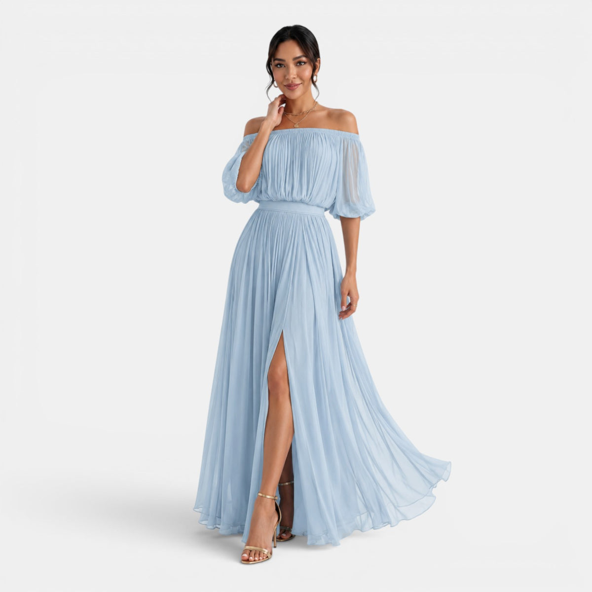 Women's Off-the-Shoulder Pleated Chiffon Maxi Dress