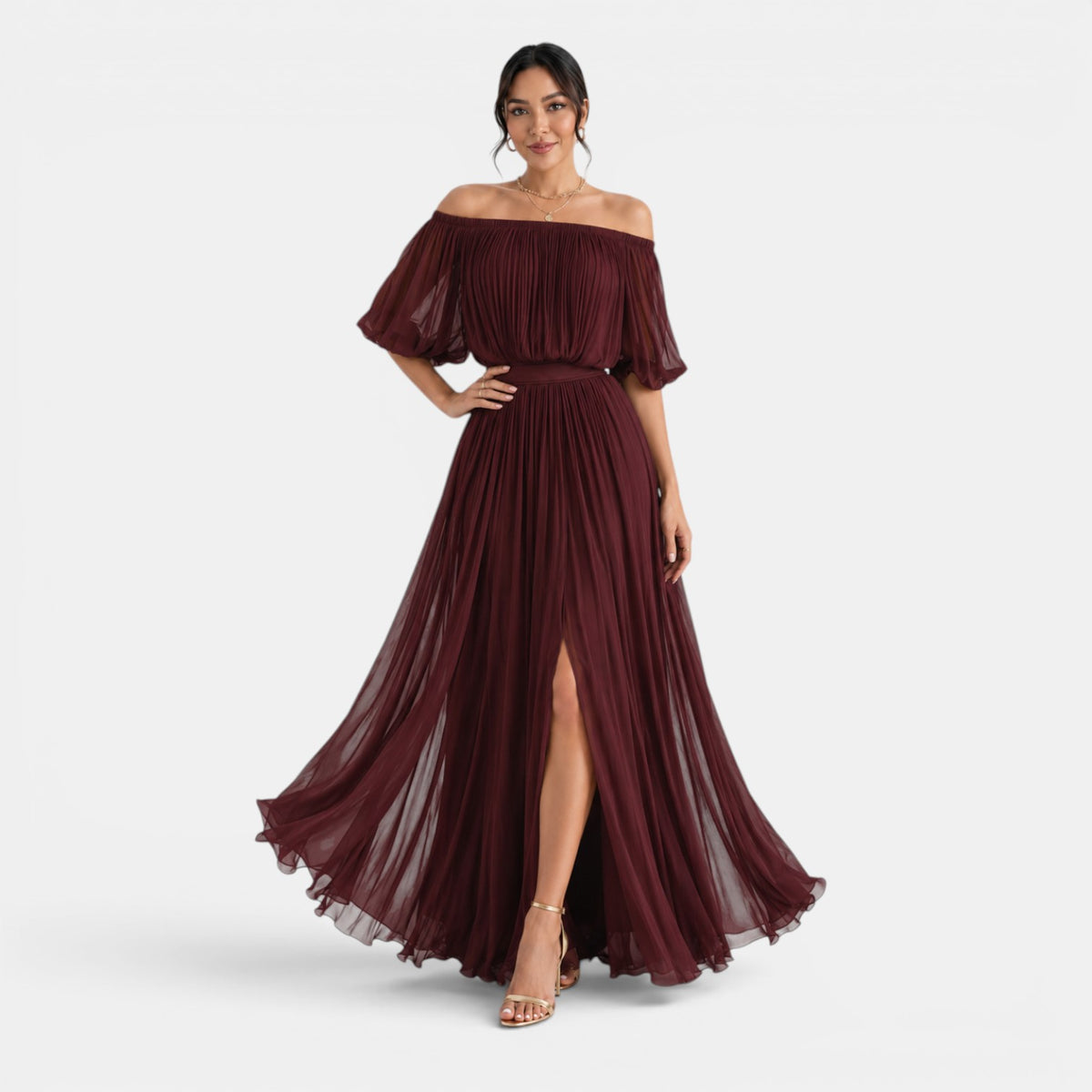 Women's Off-the-Shoulder Pleated Chiffon Maxi Dress