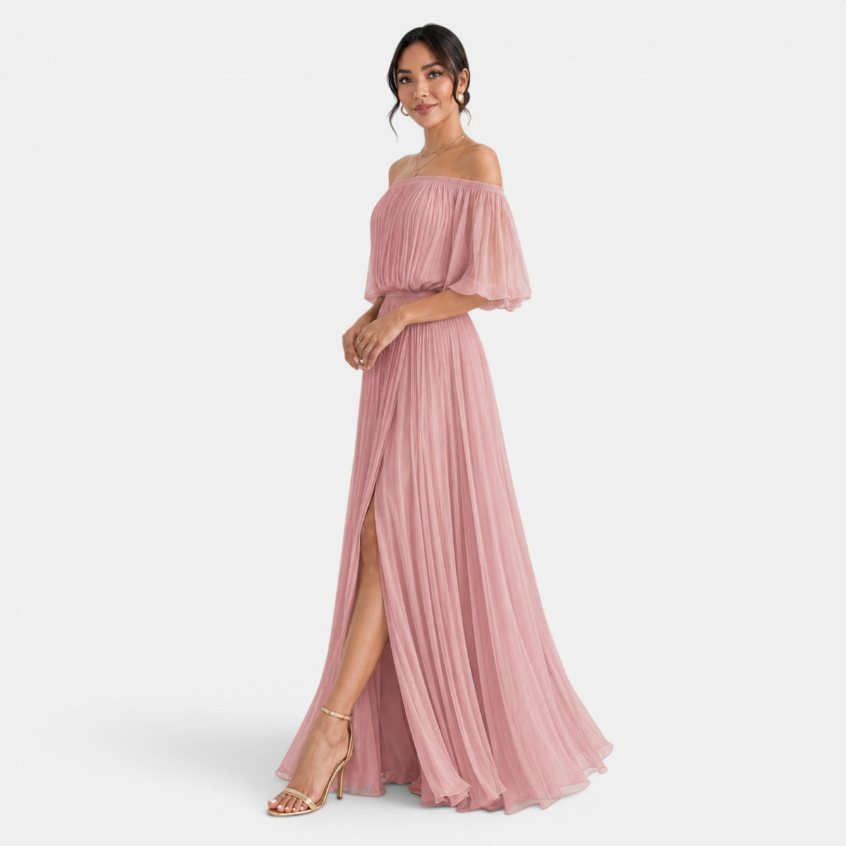 Women's Off-the-Shoulder Pleated Chiffon Maxi Dress