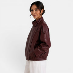 Women's Faux Leather Bomber Jacket - High Collar
