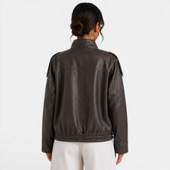 Women's Faux Leather Bomber Jacket - High Collar