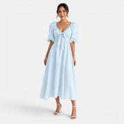 Vestido Midi Lino Azul Claro Mujer