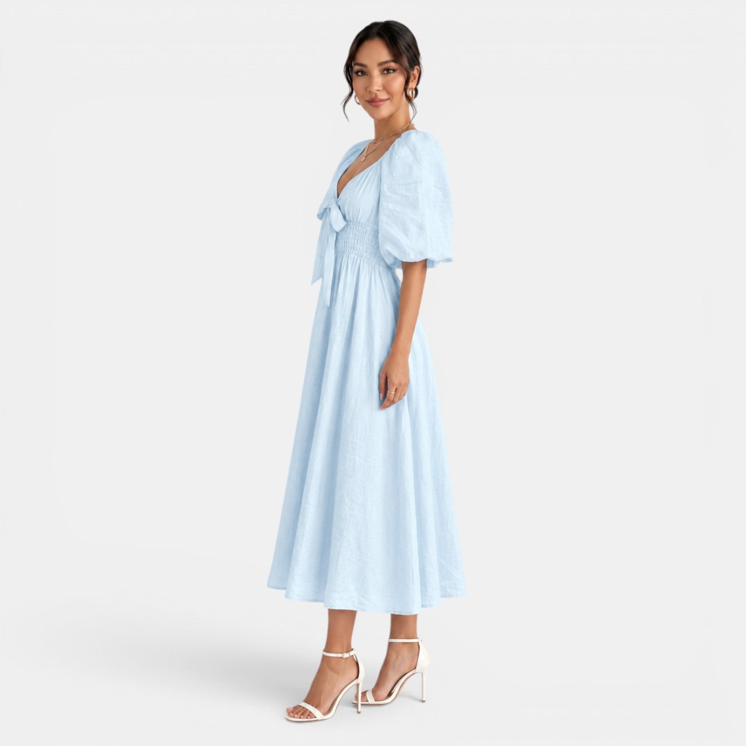 Vestido Midi Lino Azul Claro Mujer