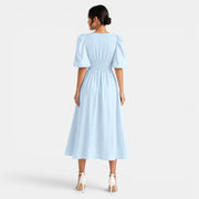 Vestido Midi Lino Azul Claro Mujer