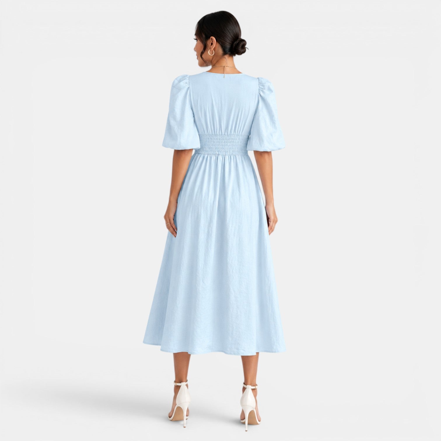 Vestido Midi Lino Azul Claro Mujer