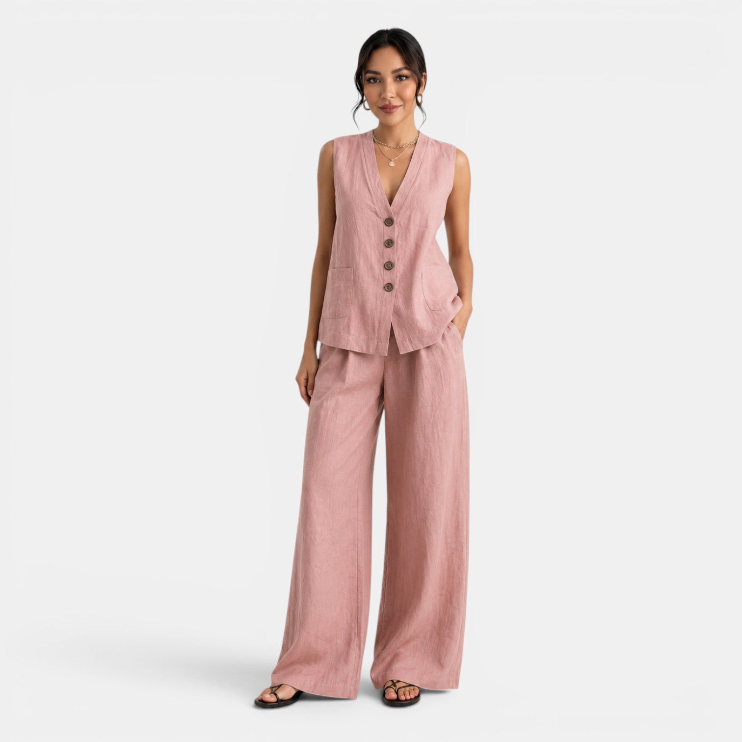 Conjunto Mujer Lino Chaleco Pantalón