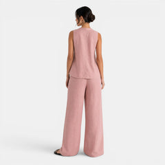 Women's Linen 2-Piece Set - Sleeveless Vest and Wide-Leg Pants