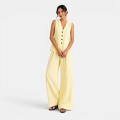Women's Linen 2-Piece Set - Sleeveless Vest and Wide-Leg Pants