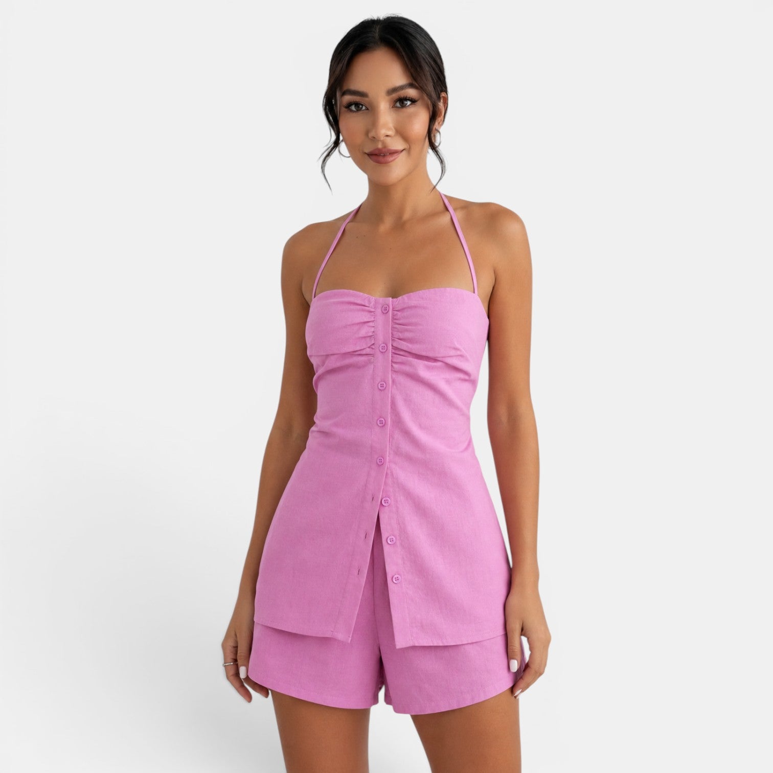 Conjunto Mujer Rosa Top Halter y Shorts